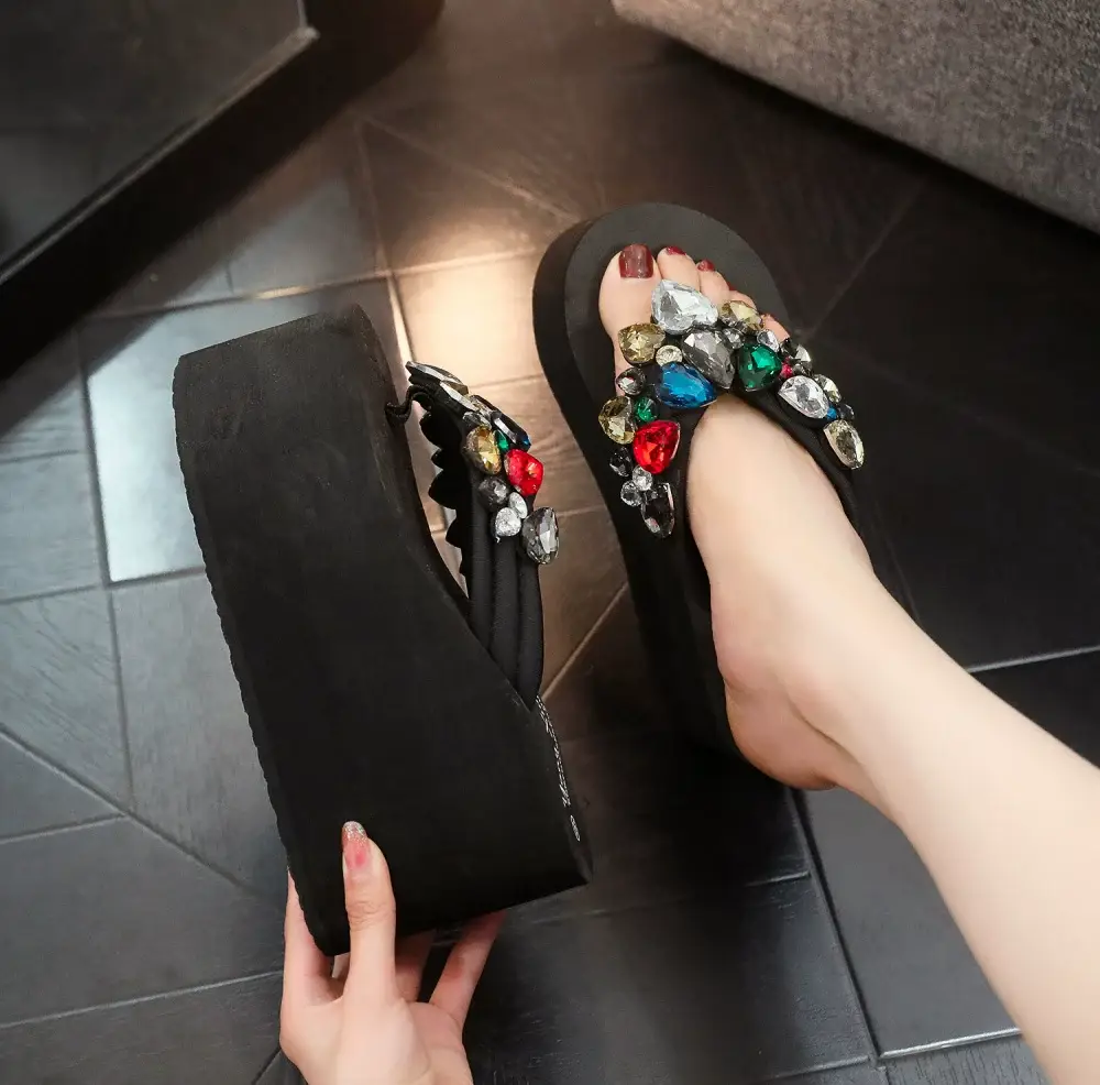 New Thick-soled Flip-flops Women's Summer Outer Wear Rhinestone Non-slip High Heel Flip-flops Women's Beach Wedge Slippers — feature 20