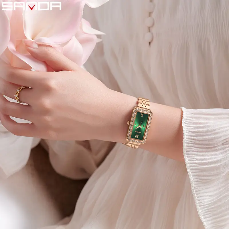 Sanda Women's Rectangular Green Diamond Watch - Image 15