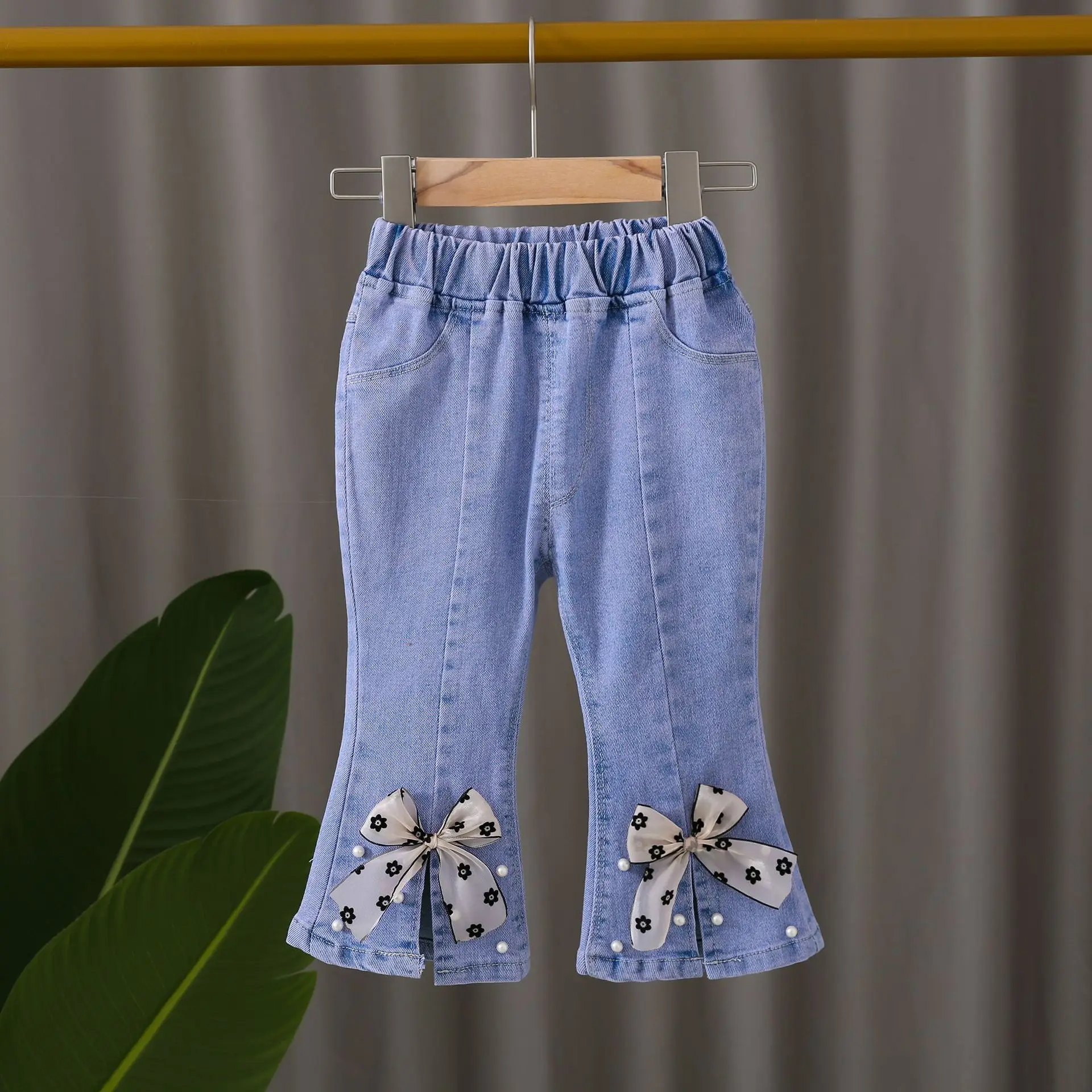 Girls Korean Style Blue Denim Jeans with Bow Embroidery
