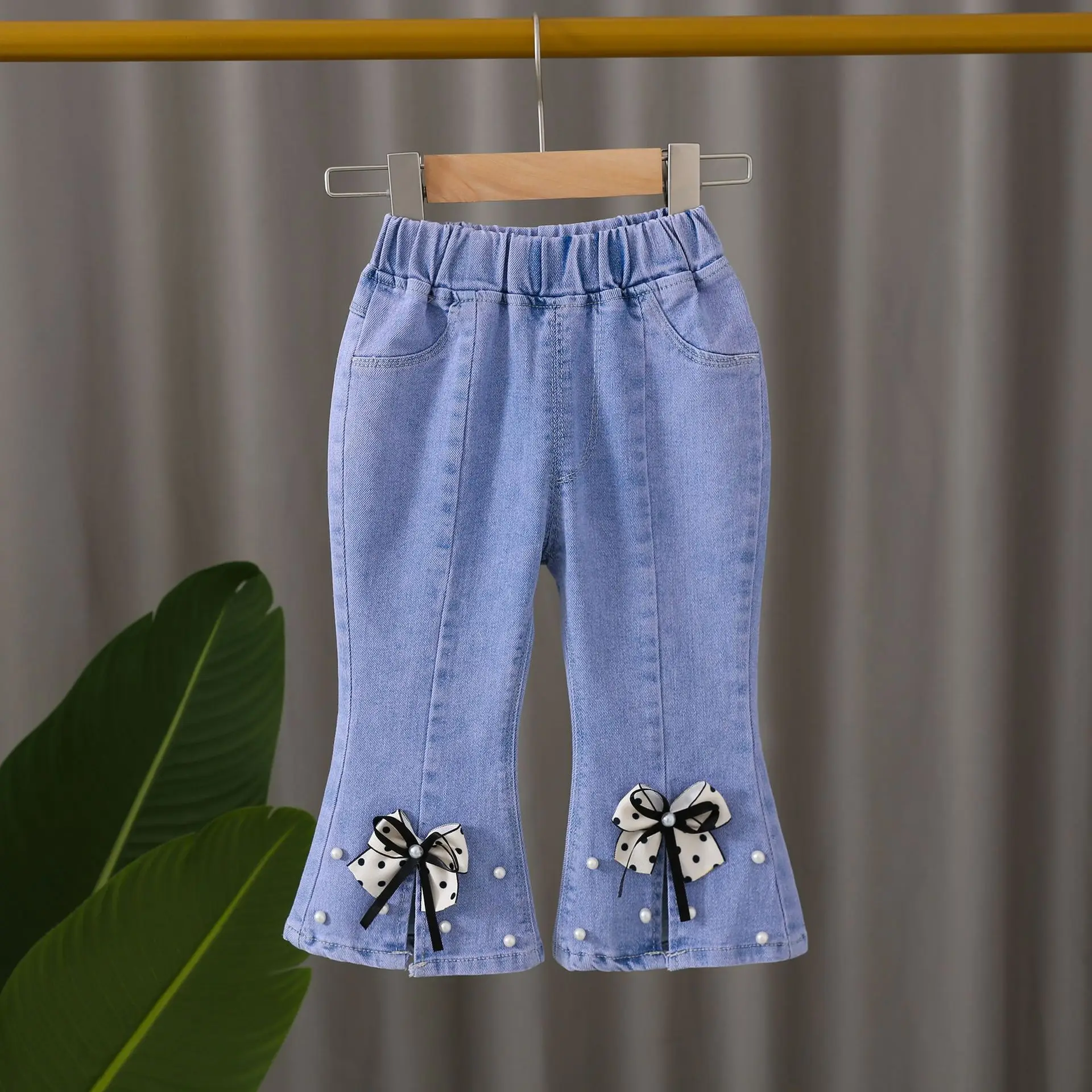 Girls Korean Style Blue Denim Jeans with Bow Embroidery
