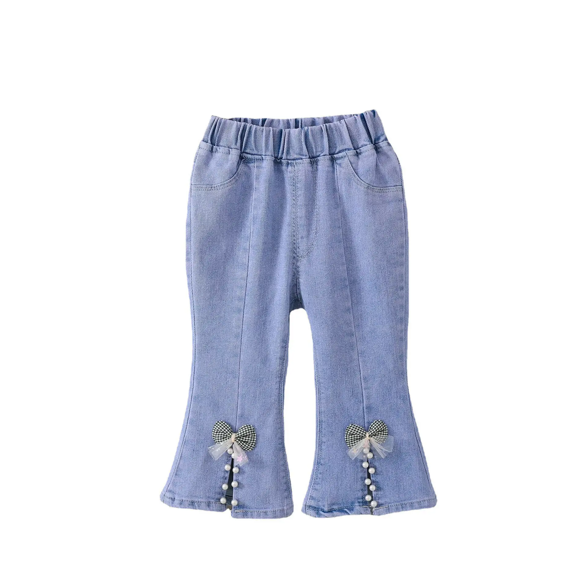 Girls Korean Style Blue Denim Jeans with Bow Embroidery