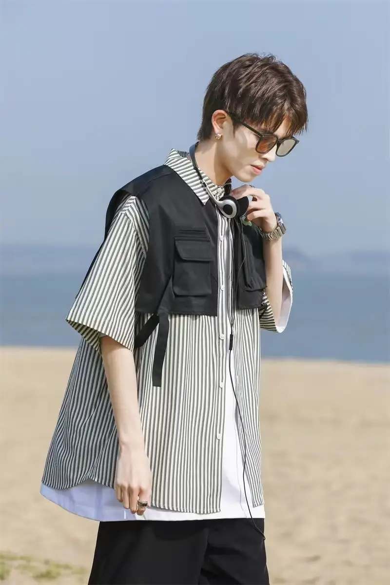 Men Green Striped Fake Two-Piece Short Sleeve Shirt - Image 8