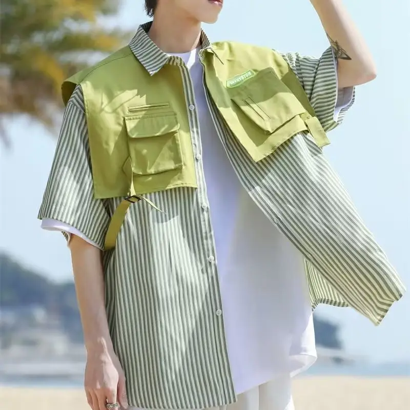 Men Green Striped Fake Two-Piece Short Sleeve Shirt — feature 10