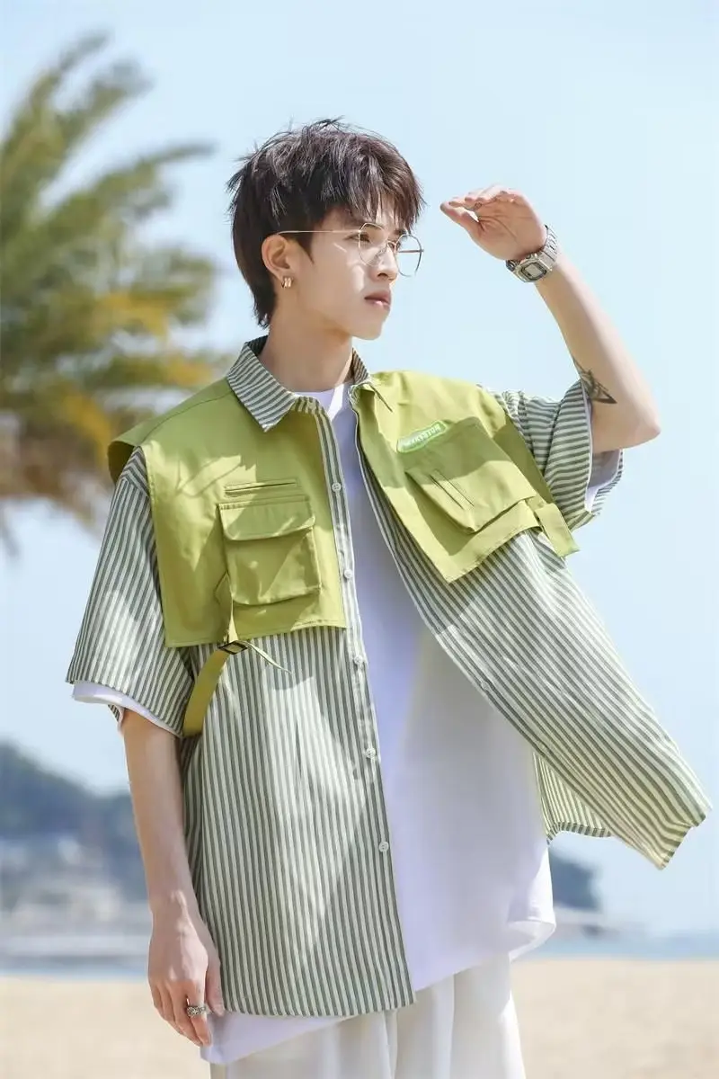 Men Green Striped Fake Two-Piece Short Sleeve Shirt — feature 11