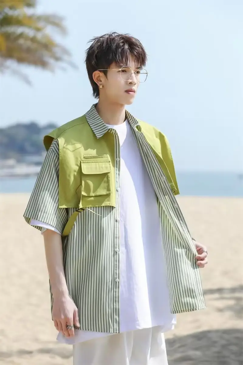 Men Green Striped Fake Two-Piece Short Sleeve Shirt — feature 12