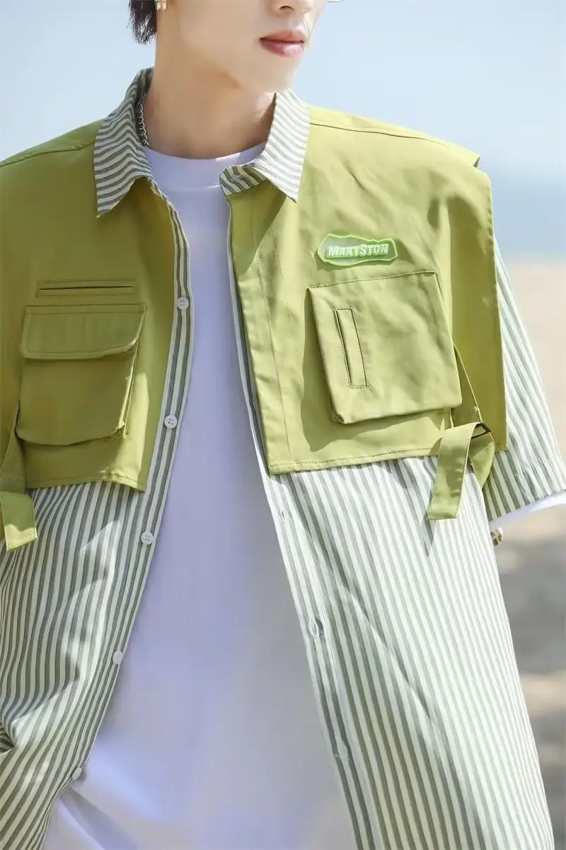 Men Green Striped Fake Two-Piece Short Sleeve Shirt — feature 13