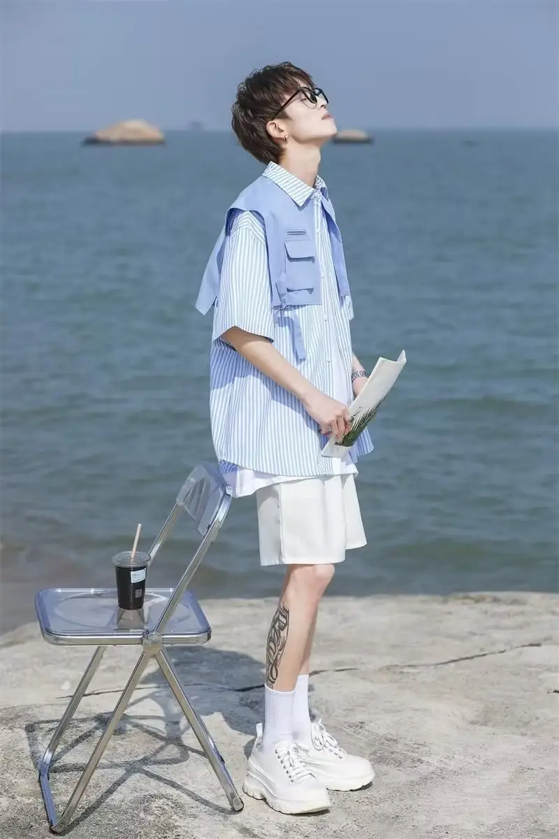 Men Green Striped Fake Two-Piece Short Sleeve Shirt — feature 14