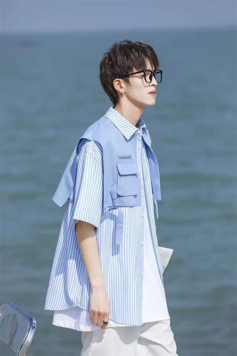 Men Green Striped Fake Two-Piece Short Sleeve Shirt — feature 15