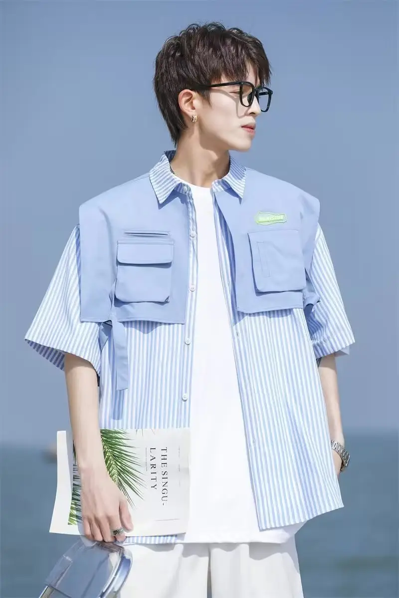 Men Green Striped Fake Two-Piece Short Sleeve Shirt — feature 16