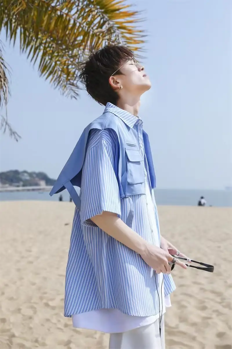 Men Green Striped Fake Two-Piece Short Sleeve Shirt — feature 17