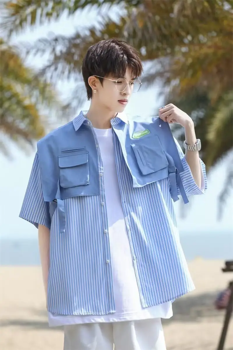 Men Green Striped Fake Two-Piece Short Sleeve Shirt — feature 18
