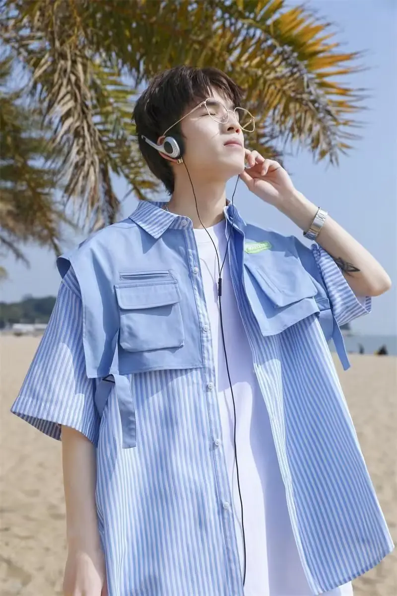 Men Green Striped Fake Two-Piece Short Sleeve Shirt — feature 19