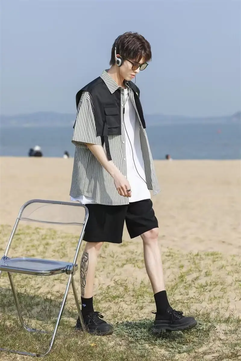 Men Green Striped Fake Two-Piece Short Sleeve Shirt — feature 20