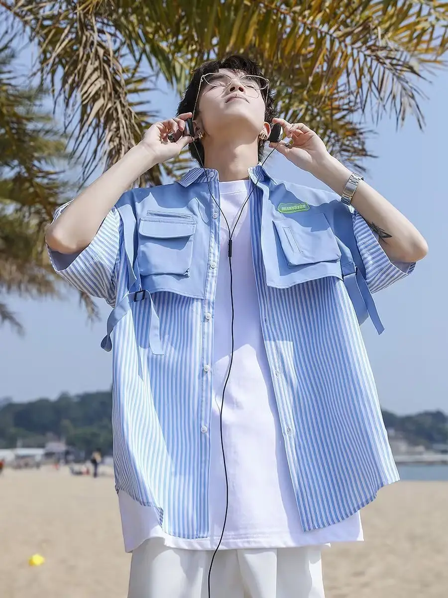 Men Green Striped Fake Two-Piece Short Sleeve Shirt — feature 4