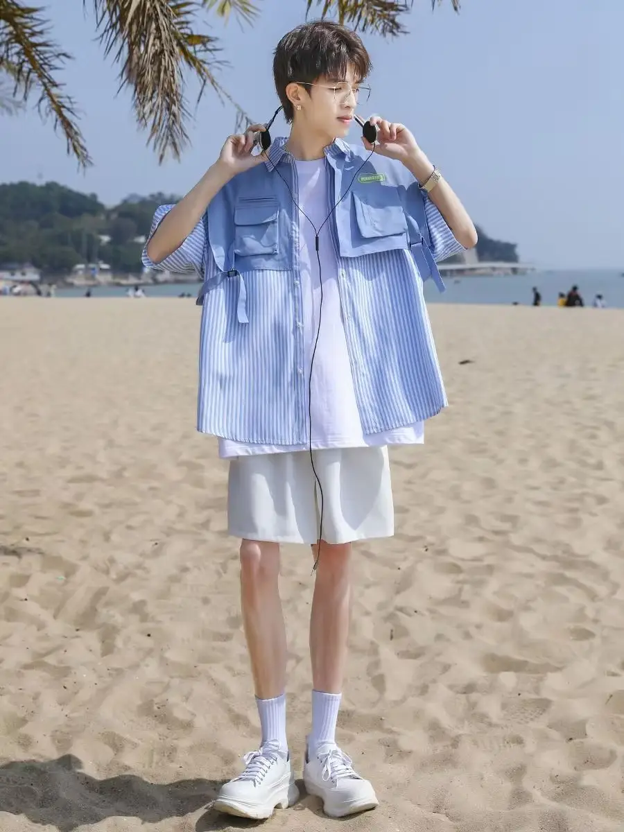 Men Green Striped Fake Two-Piece Short Sleeve Shirt — feature 5