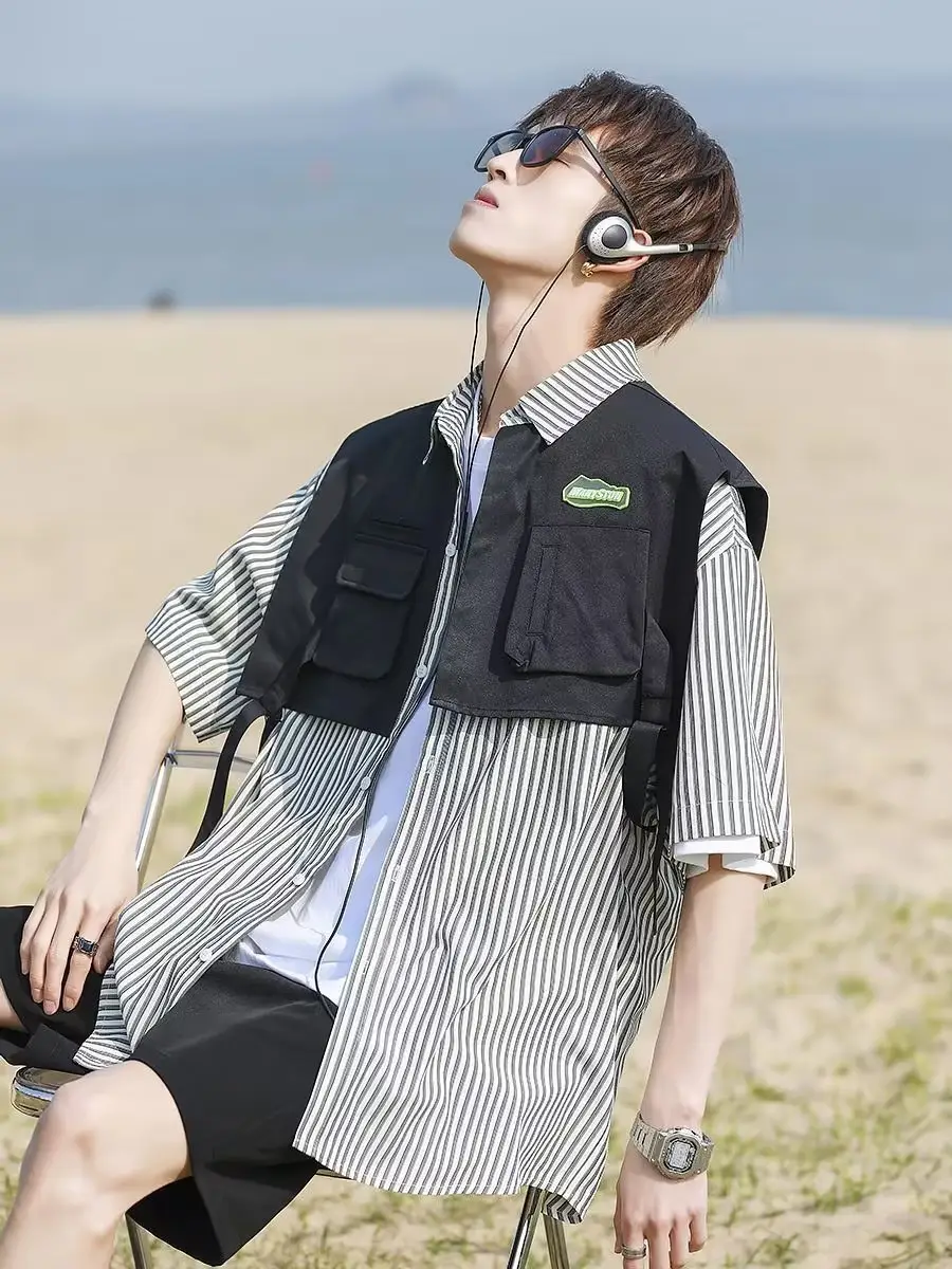 Men Green Striped Fake Two-Piece Short Sleeve Shirt — feature 6