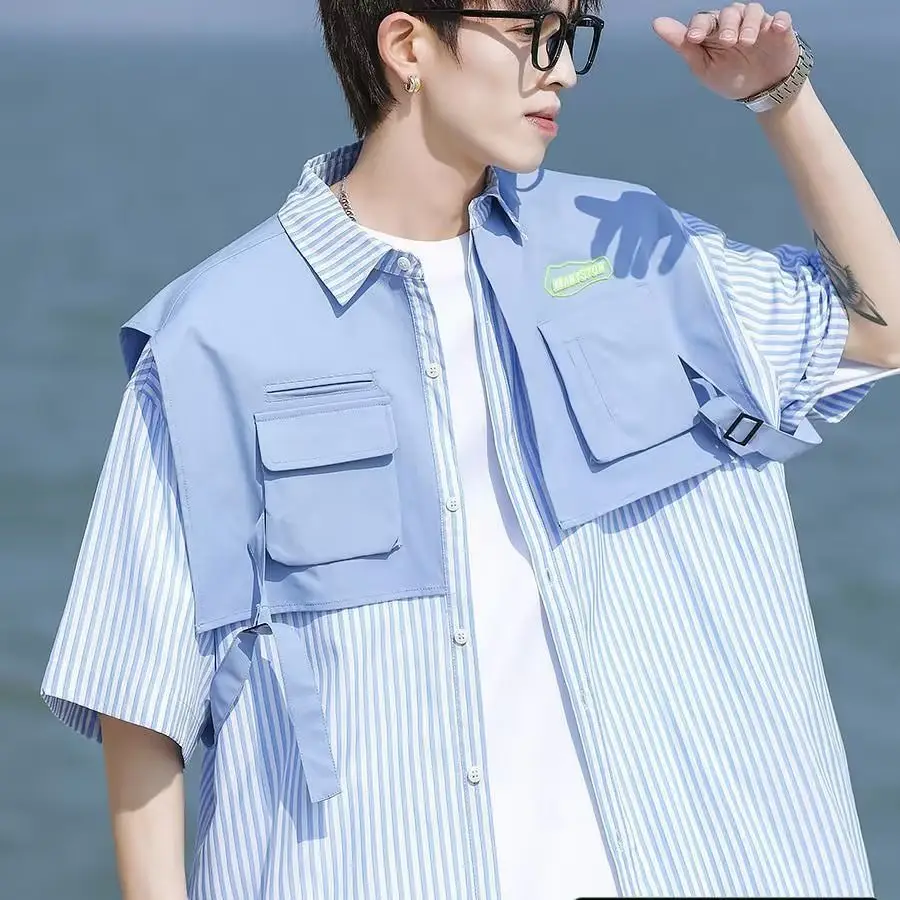 Men Green Striped Fake Two-Piece Short Sleeve Shirt — feature 7