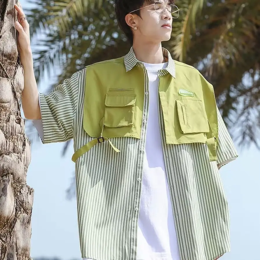 Men Green Striped Fake Two-Piece Short Sleeve Shirt — feature 8