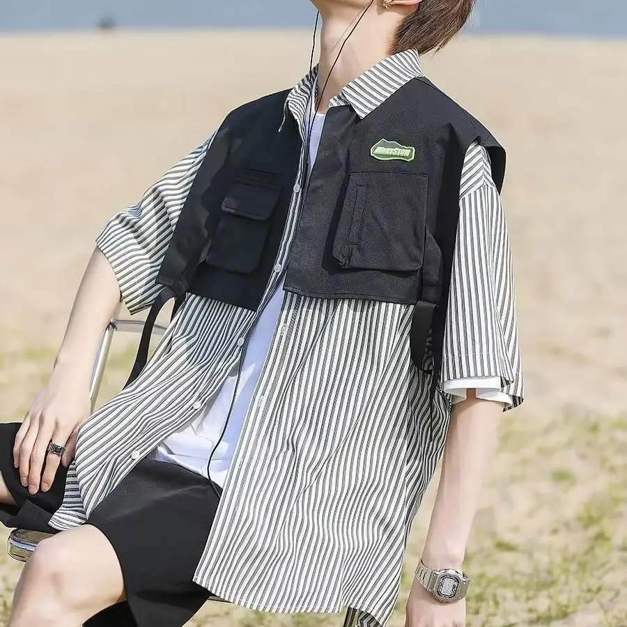 Men Green Striped Fake Two-Piece Short Sleeve Shirt — feature 9