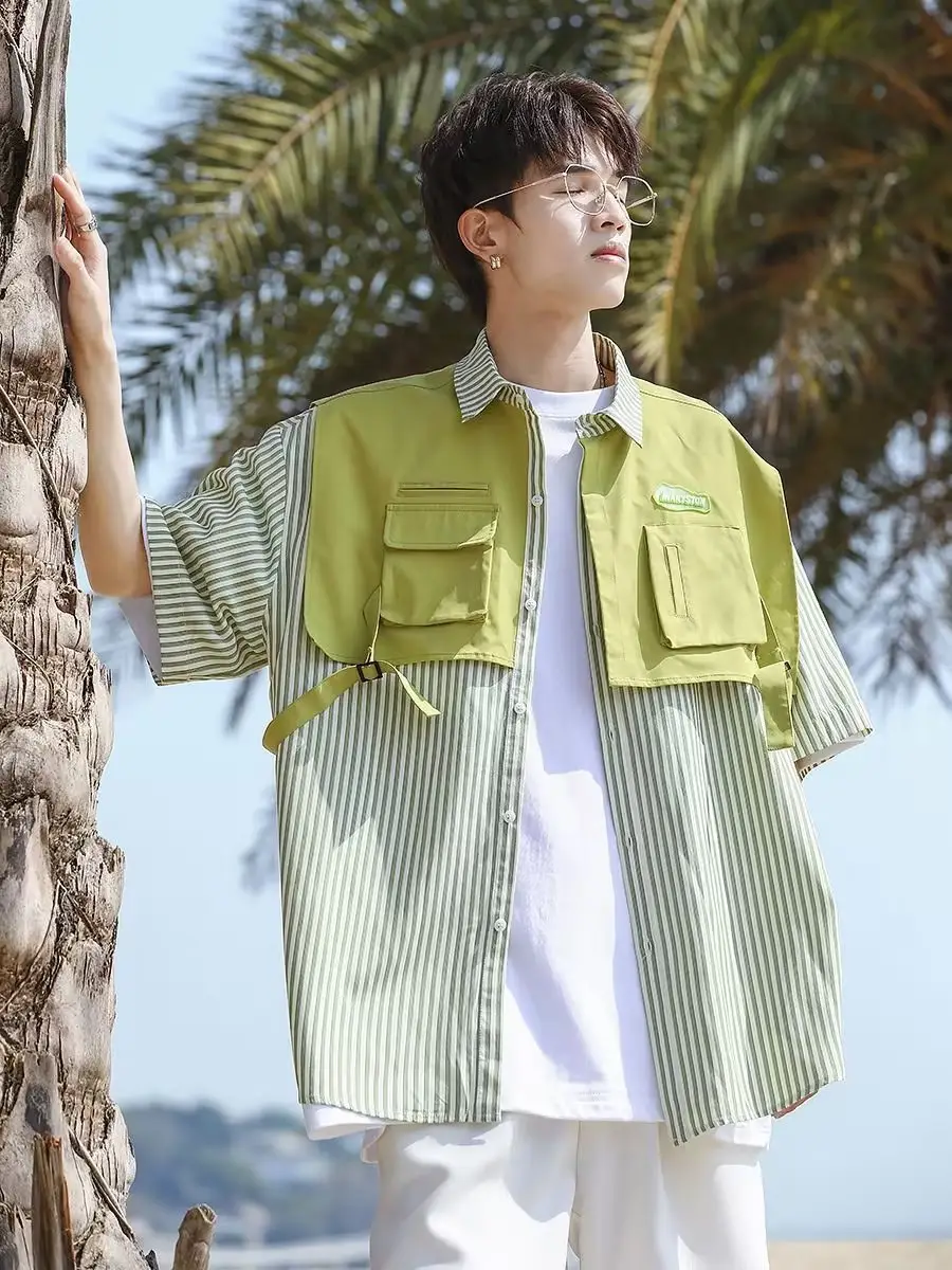Men Green Striped Fake Two-Piece Short Sleeve Shirt - Image 2