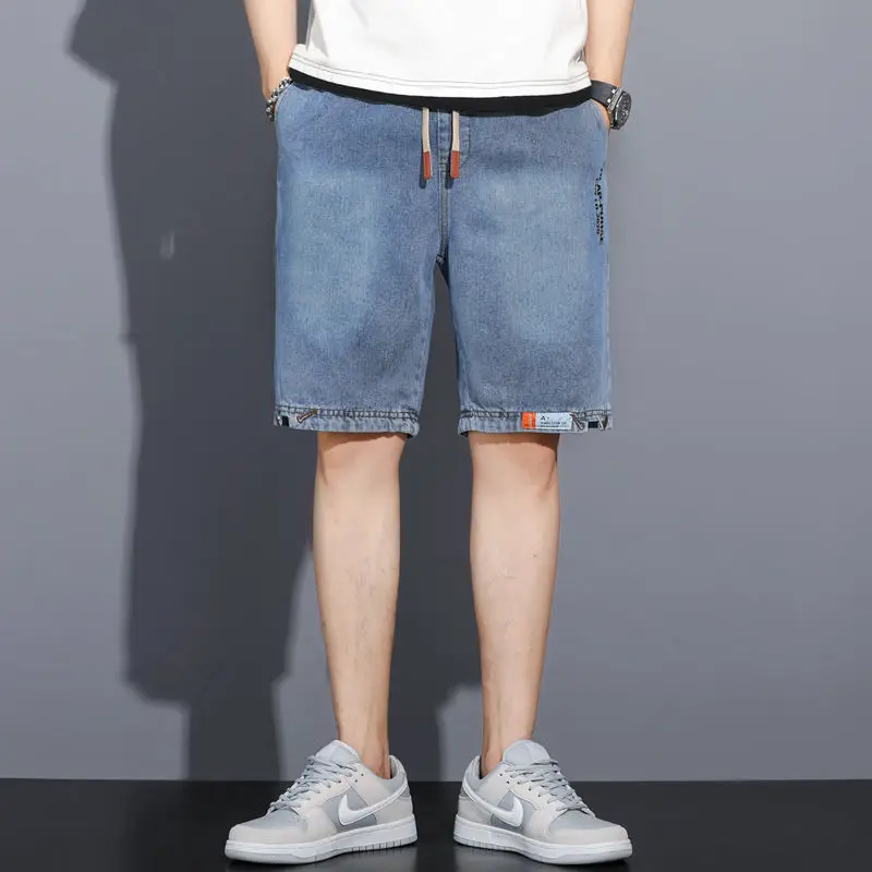 Men Denim Cropped Shorts Grey Yellow Nike - Image 8