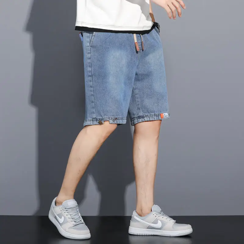 Men Denim Cropped Shorts Grey Yellow Nike - Image 9