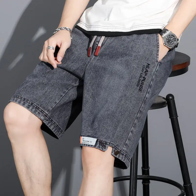 Men Denim Cropped Shorts Grey Yellow Nike - Image 2