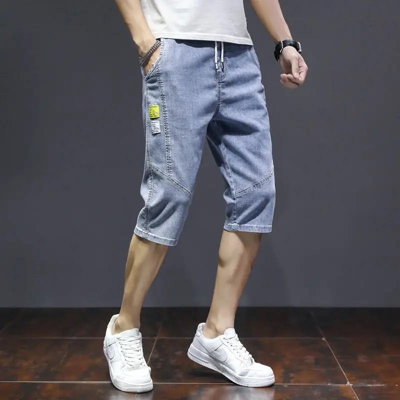 Men Denim Cropped Shorts Grey Yellow Nike - Image 3