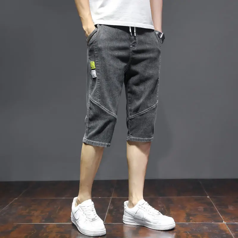Men Denim Cropped Shorts Grey Yellow Nike - Image 4