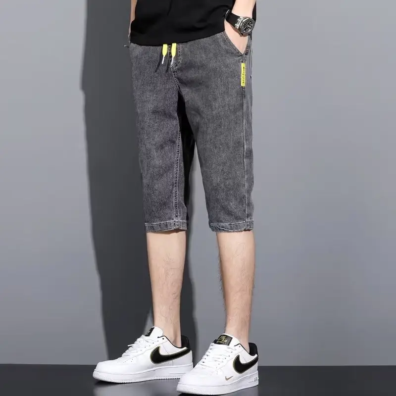 Men Denim Cropped Shorts Grey Yellow Nike - Image 6