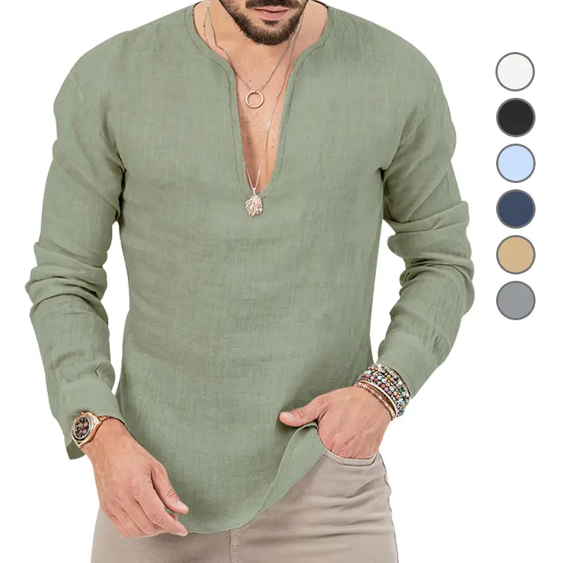 Men's Blue Long Sleeve V-Neck T-Shirt Large - Image 8