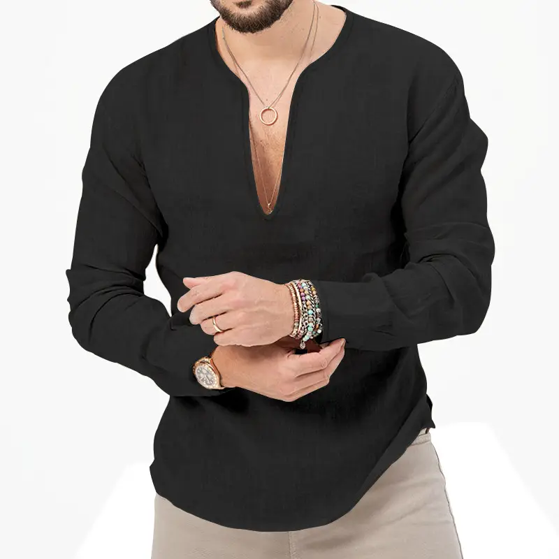 Men's Blue Long Sleeve V-Neck T-Shirt Large — feature 13