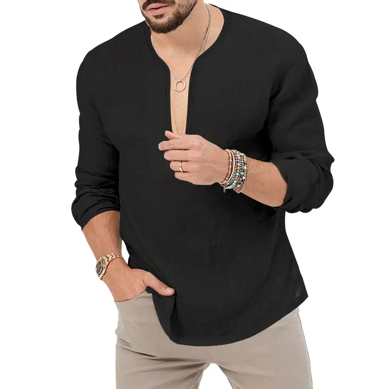 Men's Blue Long Sleeve V-Neck T-Shirt Large — feature 14