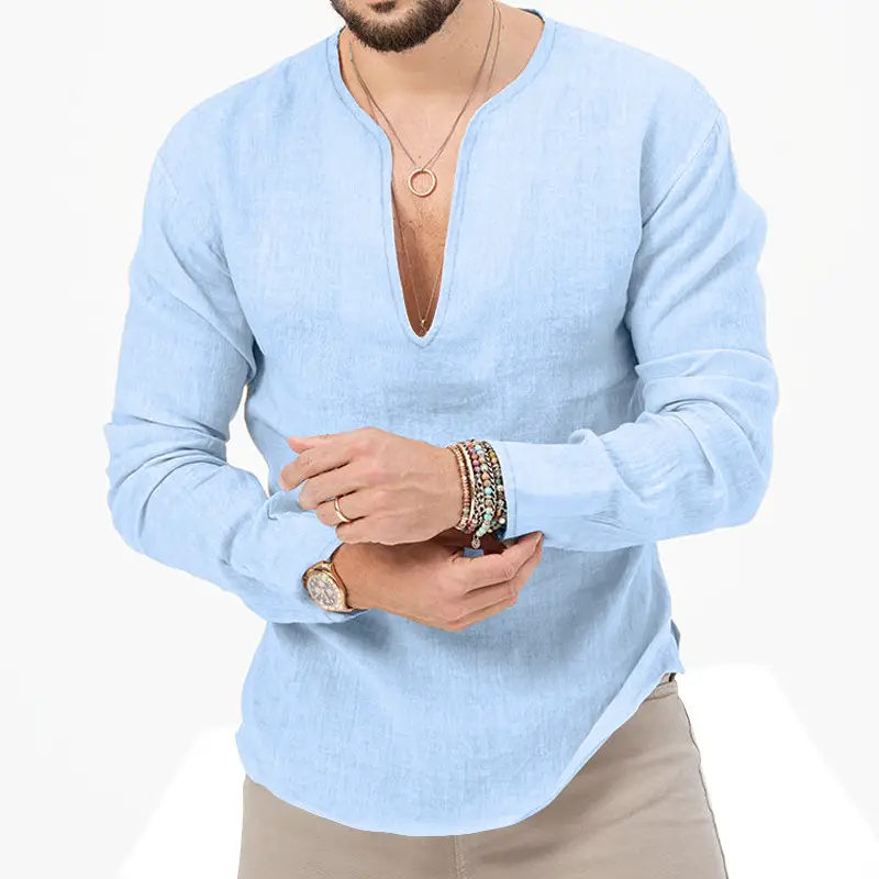 Men's Blue Long Sleeve V-Neck T-Shirt Large — feature 17