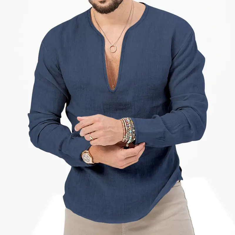 Men's Blue Long Sleeve V-Neck T-Shirt Large — feature 20