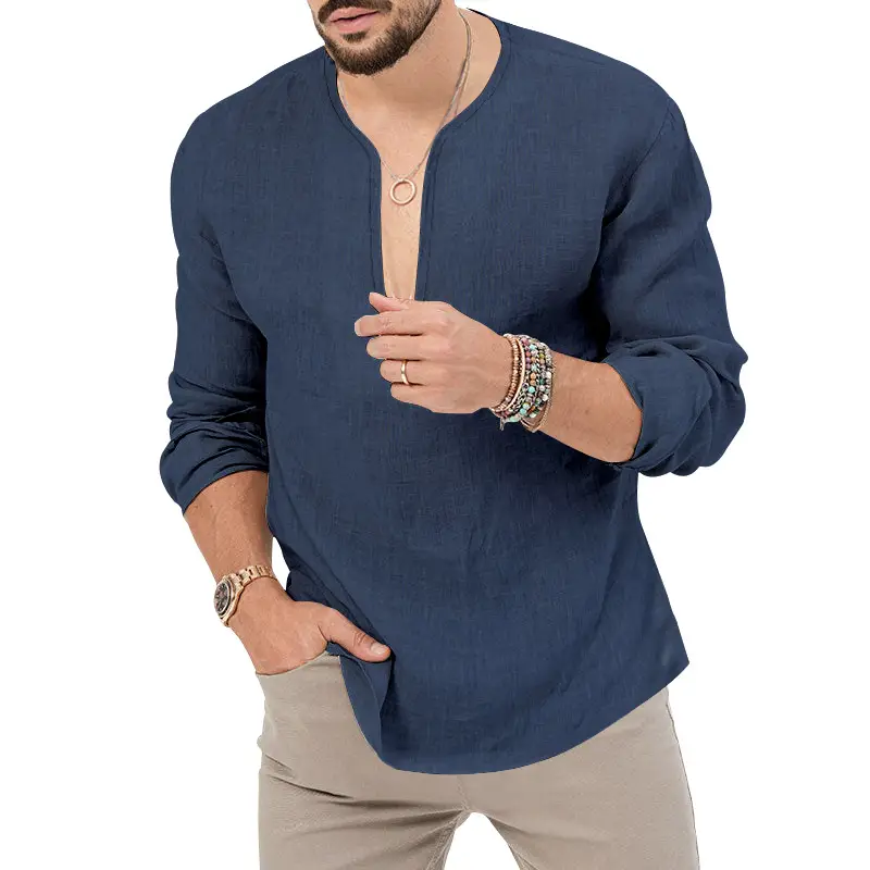 Men's Blue Long Sleeve V-Neck T-Shirt Large — feature 21