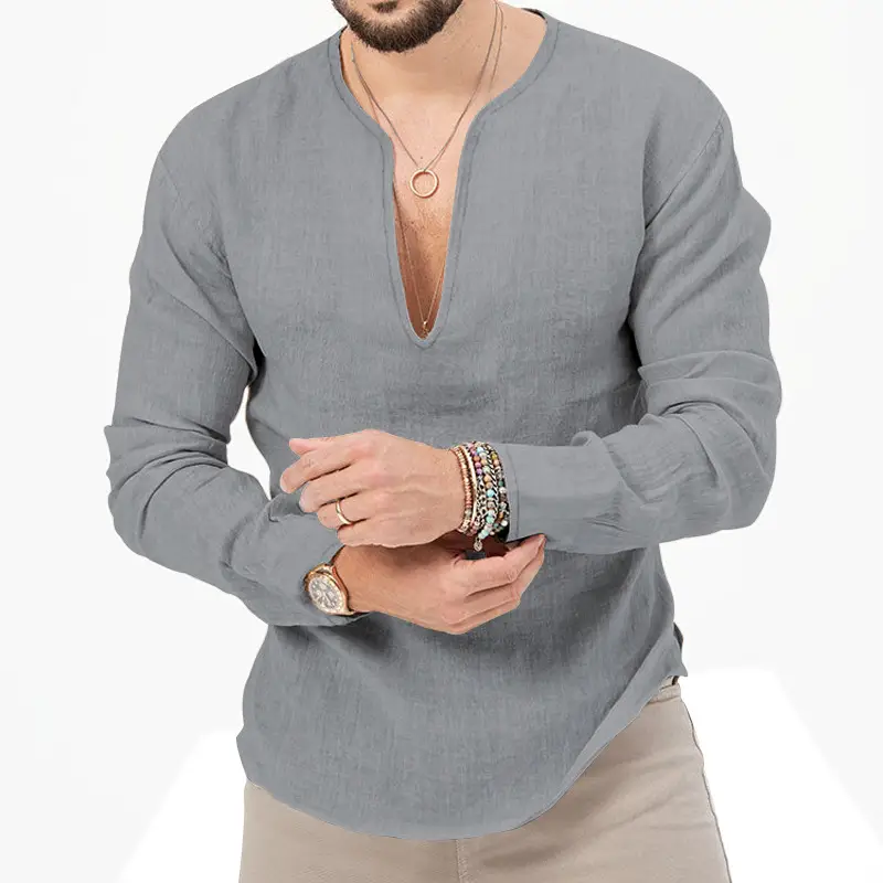 Men's Blue Long Sleeve V-Neck T-Shirt Large — feature 32