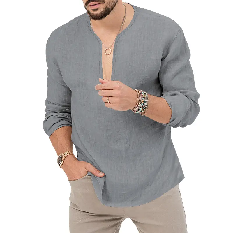 Men's Blue Long Sleeve V-Neck T-Shirt Large — feature 33