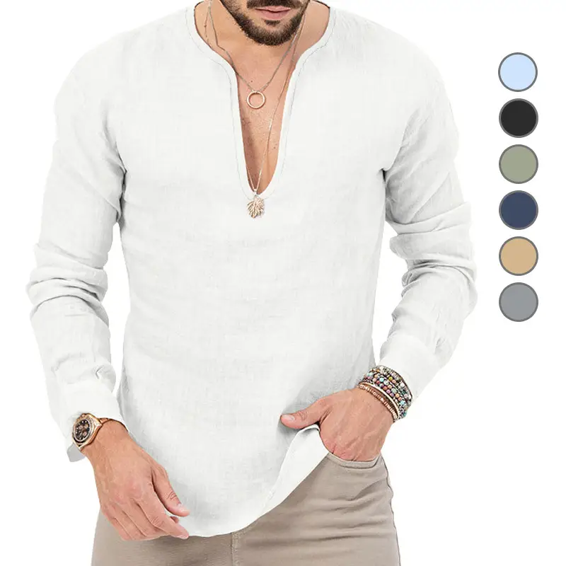 Men's Blue Long Sleeve V-Neck T-Shirt Large — feature 7