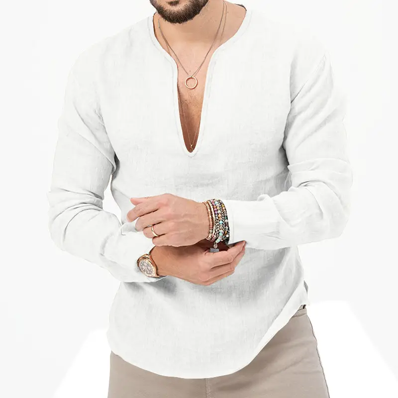 Men's Blue Long Sleeve V-Neck T-Shirt Large — feature 9