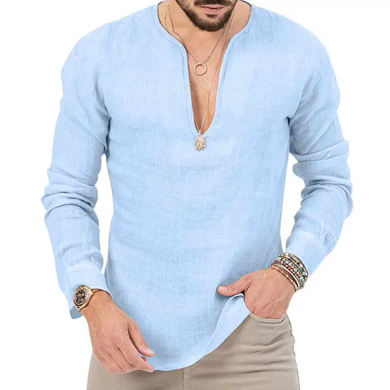 Men's Blue Long Sleeve V-Neck T-Shirt Large - Image 4