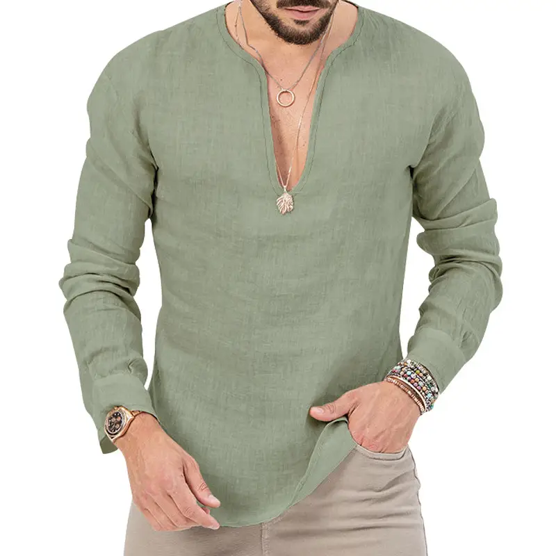 Men's Blue Long Sleeve V-Neck T-Shirt Large - Image 5