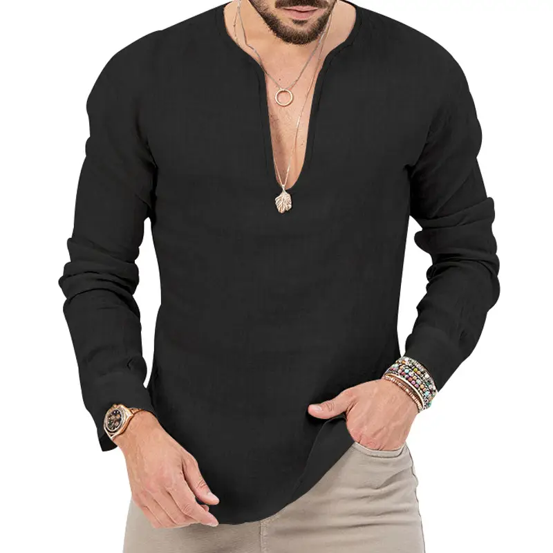 Men's Blue Long Sleeve V-Neck T-Shirt Large - Image 2