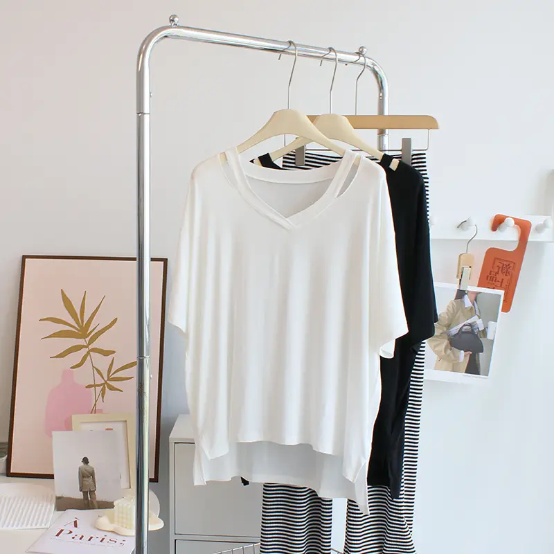 Women V-neck T-Shirt White Striped Pants Set - Image 3