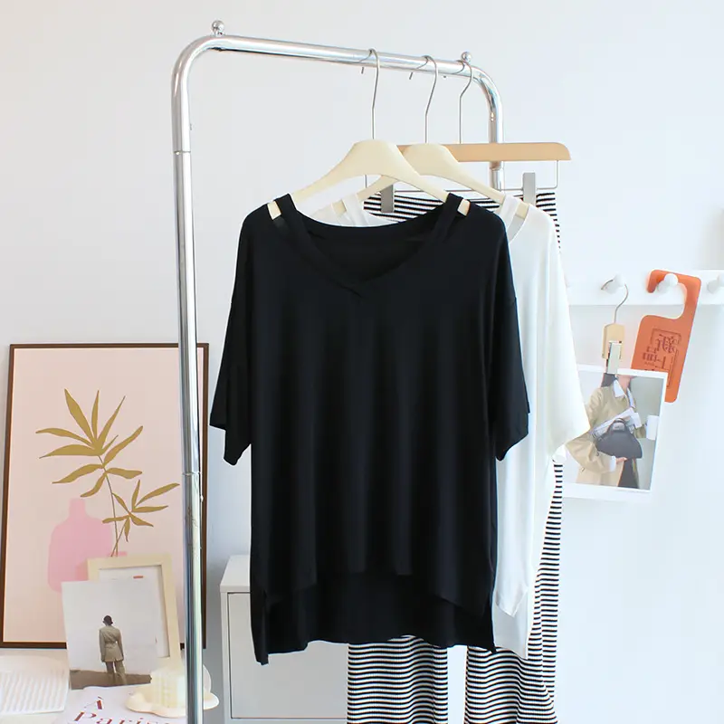 Women V-neck T-Shirt White Striped Pants Set - Image 4