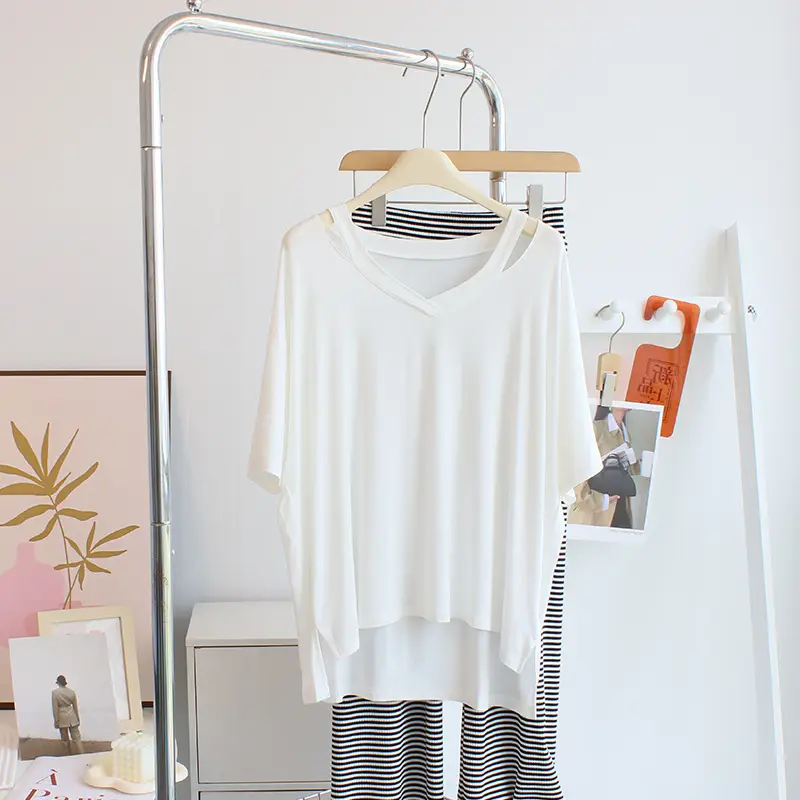 Women V-neck T-Shirt White Striped Pants Set - Image 5