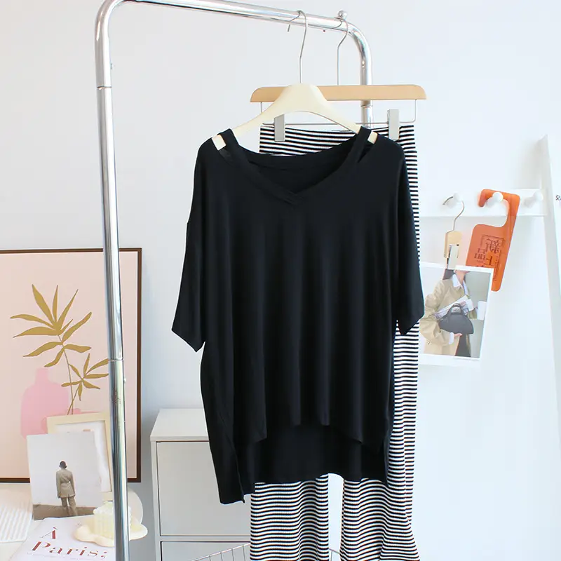 Women V-neck T-Shirt White Striped Pants Set - Image 6