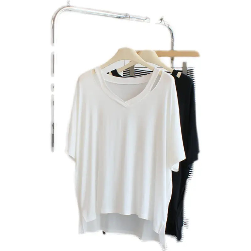 Women V-neck T-Shirt White Striped Pants Set - Image 7