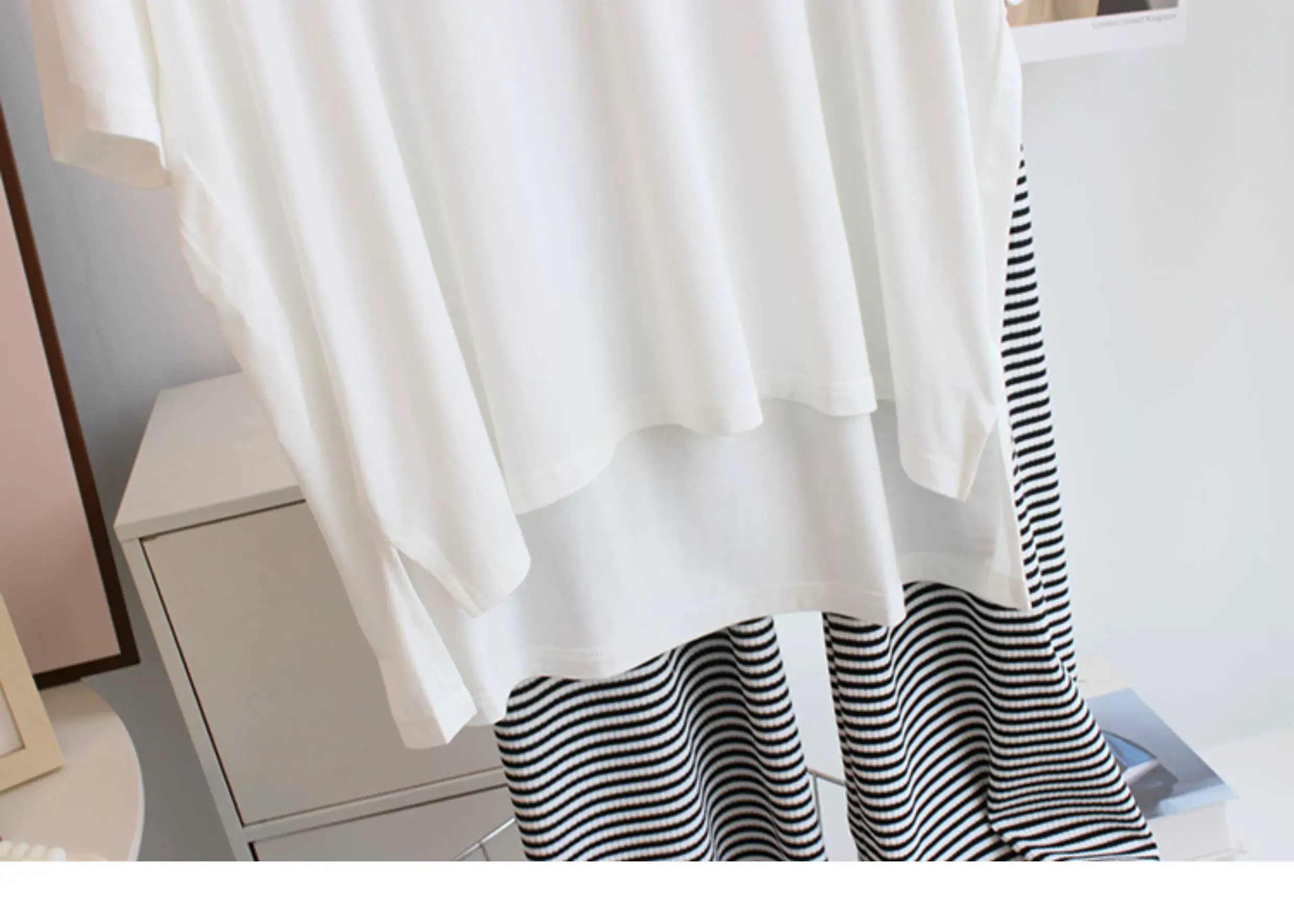 Women V-neck T-Shirt White Striped Pants Set — feature 12