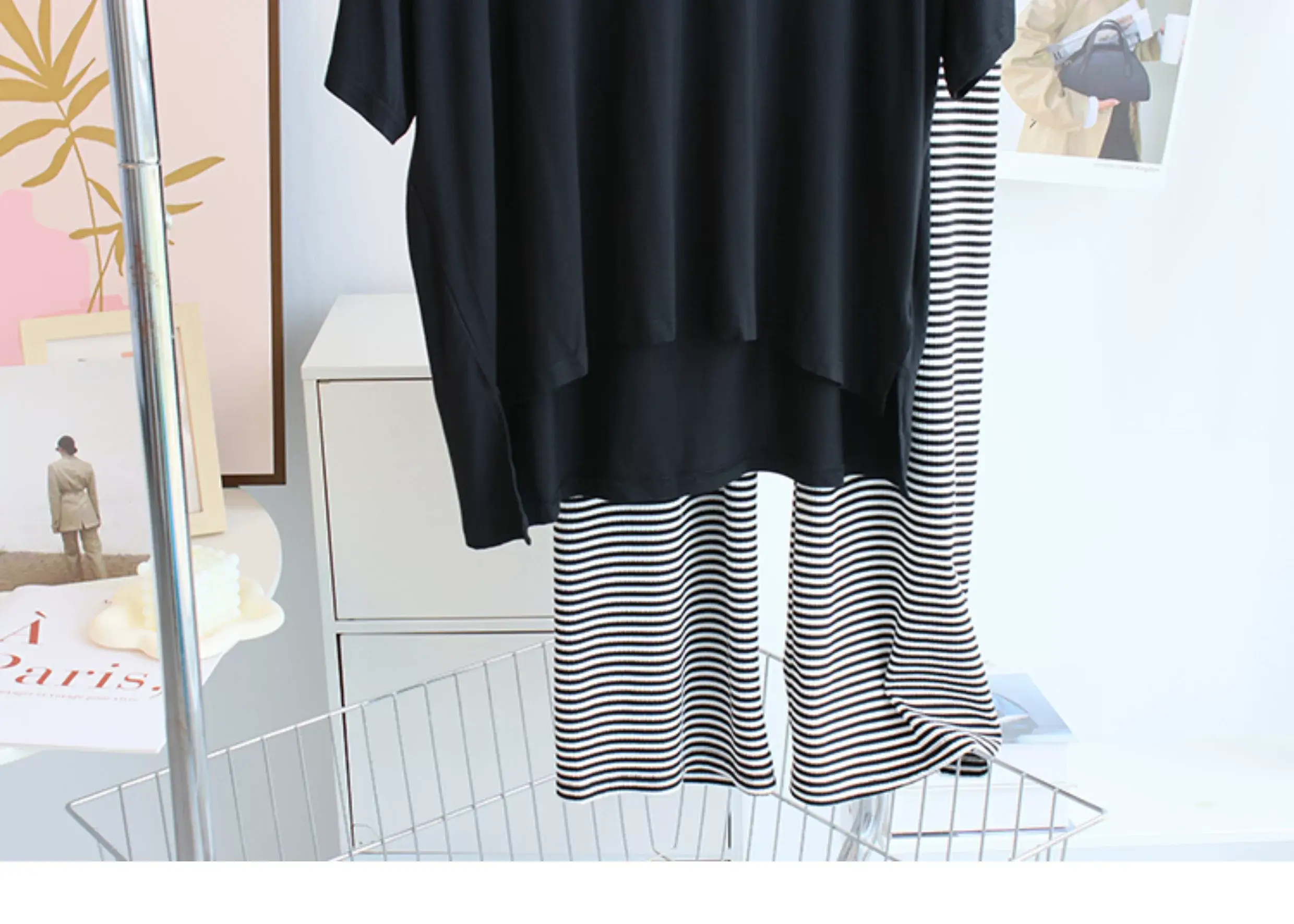 Women V-neck T-Shirt White Striped Pants Set — feature 16